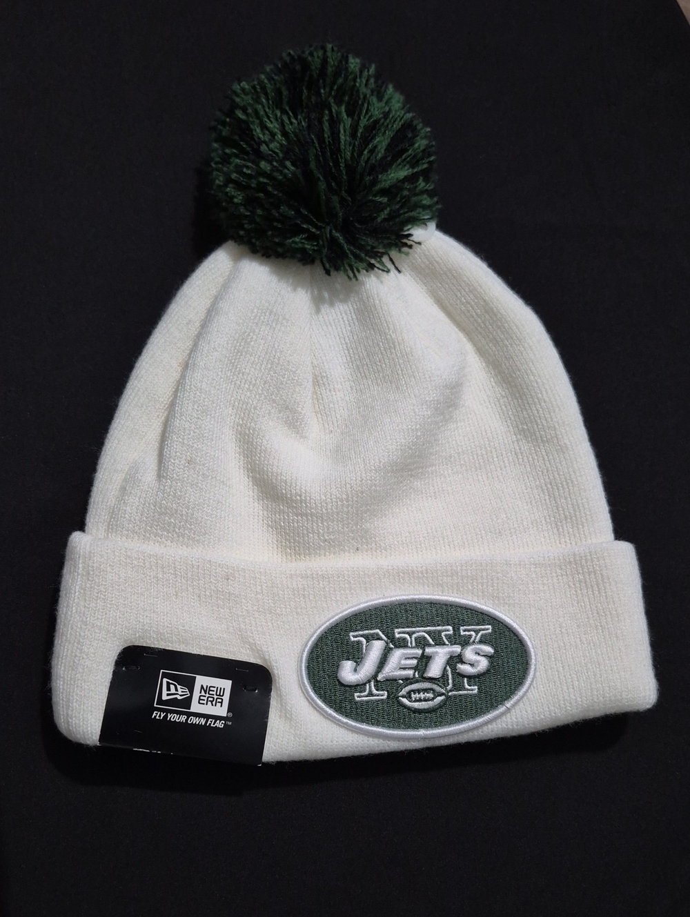 New Era White Beanie with Dark Green Pom & Jets Emblem